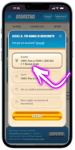 Attivazione del bonus di registrazione Vegasino