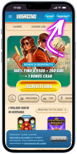 La pagina principale di Vegasino con il pulsante di registrazione