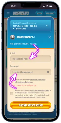 Inserimento dei dati personali su Vegasino