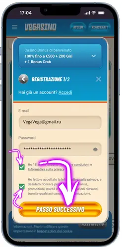 Accetta i termini e completa la registrazione del tuo account Vegasino.