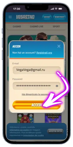 Dopo aver inserito i dati, clicca sul pulsante "Accedi" in Vegasino