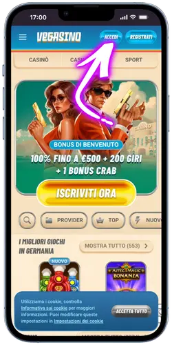 Pagina principale di Vegasino con un pulsante di accesso